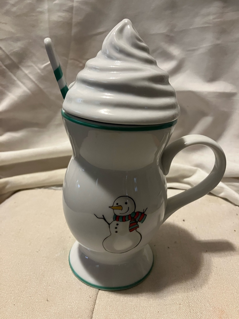 Like new. 3 piece glazed ceramic like Hot Chocolate Mug with whip top cover n